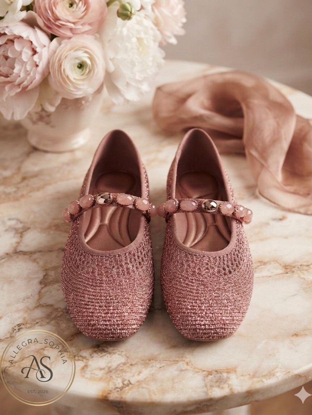 NWOB Kenneth Cole NY Zeta Stones Rose Gold Knit Mary Jane Ballet Flats Size 7.5